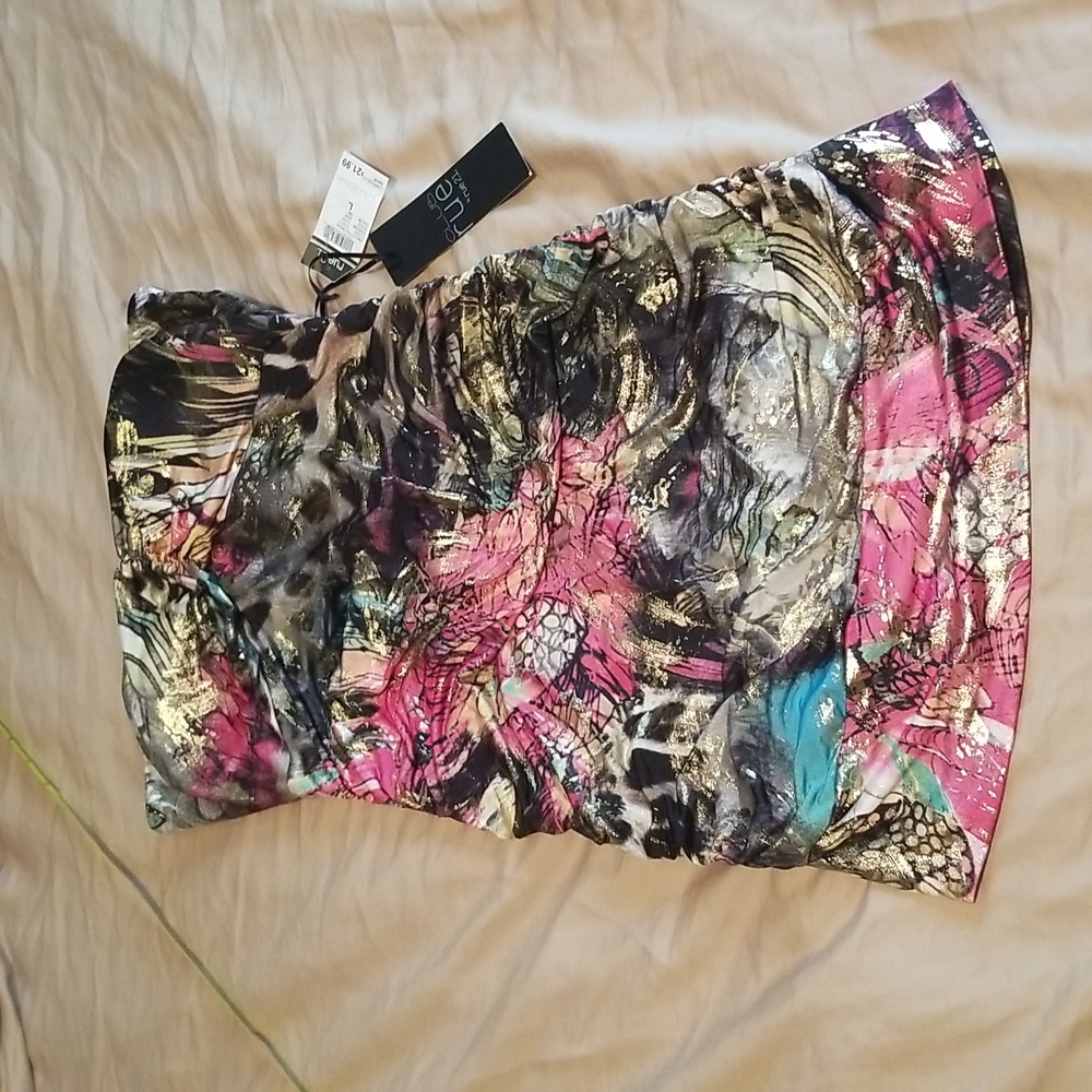 Strapless ruched mini dress gold foil